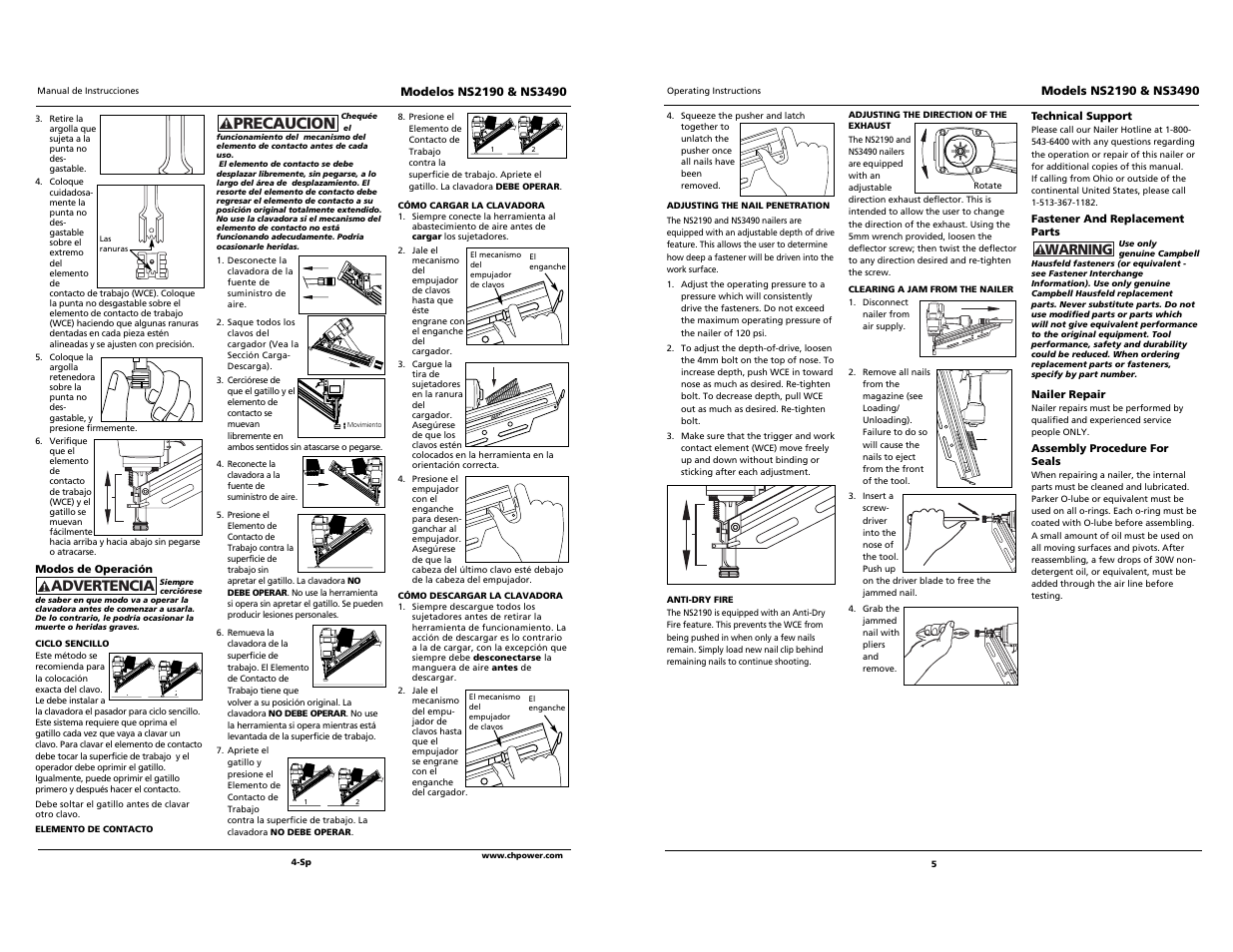 Precaucion, Warning, Advertencia | Campbell Hausfeld NS2190 User Manual | Page 5 / 12