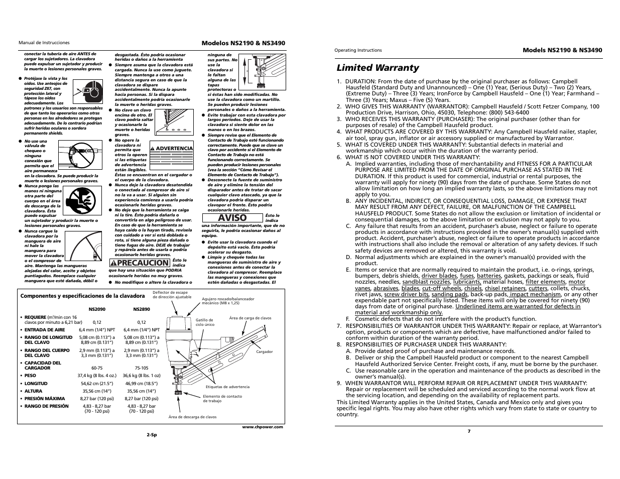 Aviso, Limited warranty, Precaucion | Campbell Hausfeld NS2190 User Manual | Page 7 / 12