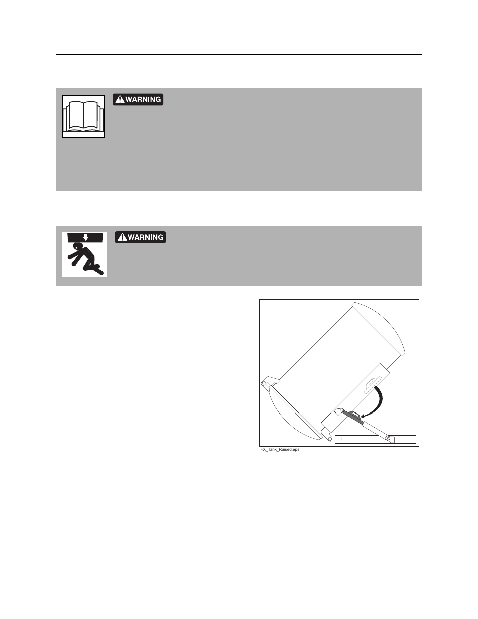 Precautions, Working under raised debris tank, Fx50 operator’s manual | Ditch Witch FXT50 User Manual | Page 75 / 141