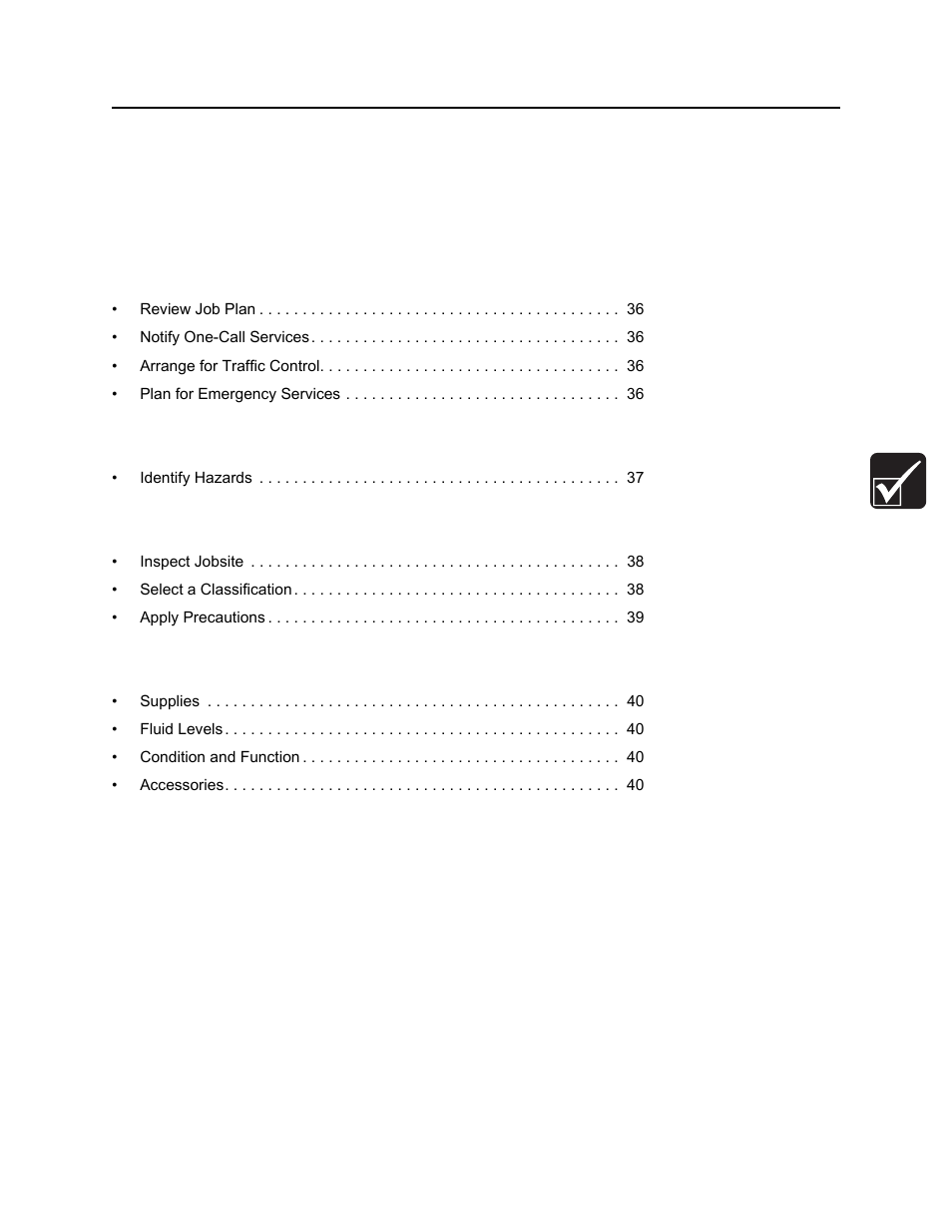 Prepare, Chapter contents, Rt30 operator’s manual | Gather information, Inspect site, Classify jobsite, Check supplies and prepare equipment | Ditch Witch RT30 User Manual | Page 36 / 97