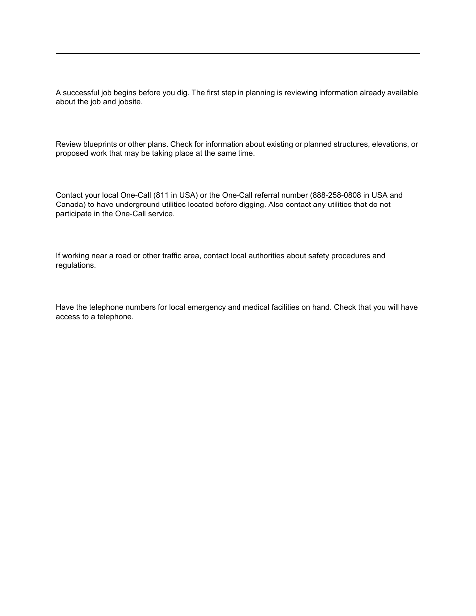 Gather information, Review job plan, Notify one-call services | Arrange for traffic control, Plan for emergency services, Rt30 operator’s manual | Ditch Witch RT30 User Manual | Page 37 / 97