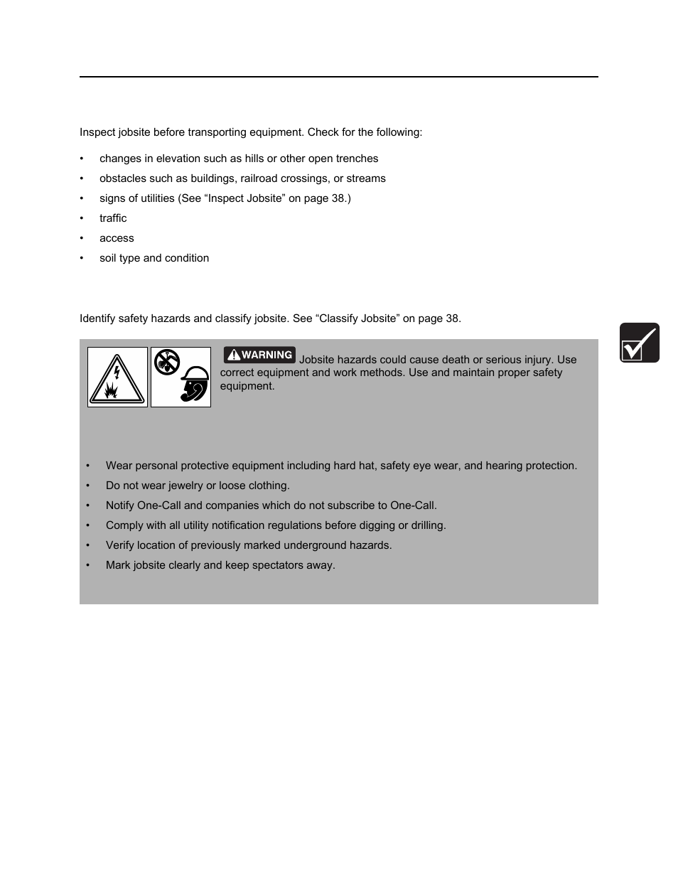 Inspect site, Identify hazards, Rt30 operator’s manual | Ditch Witch RT30 User Manual | Page 38 / 97