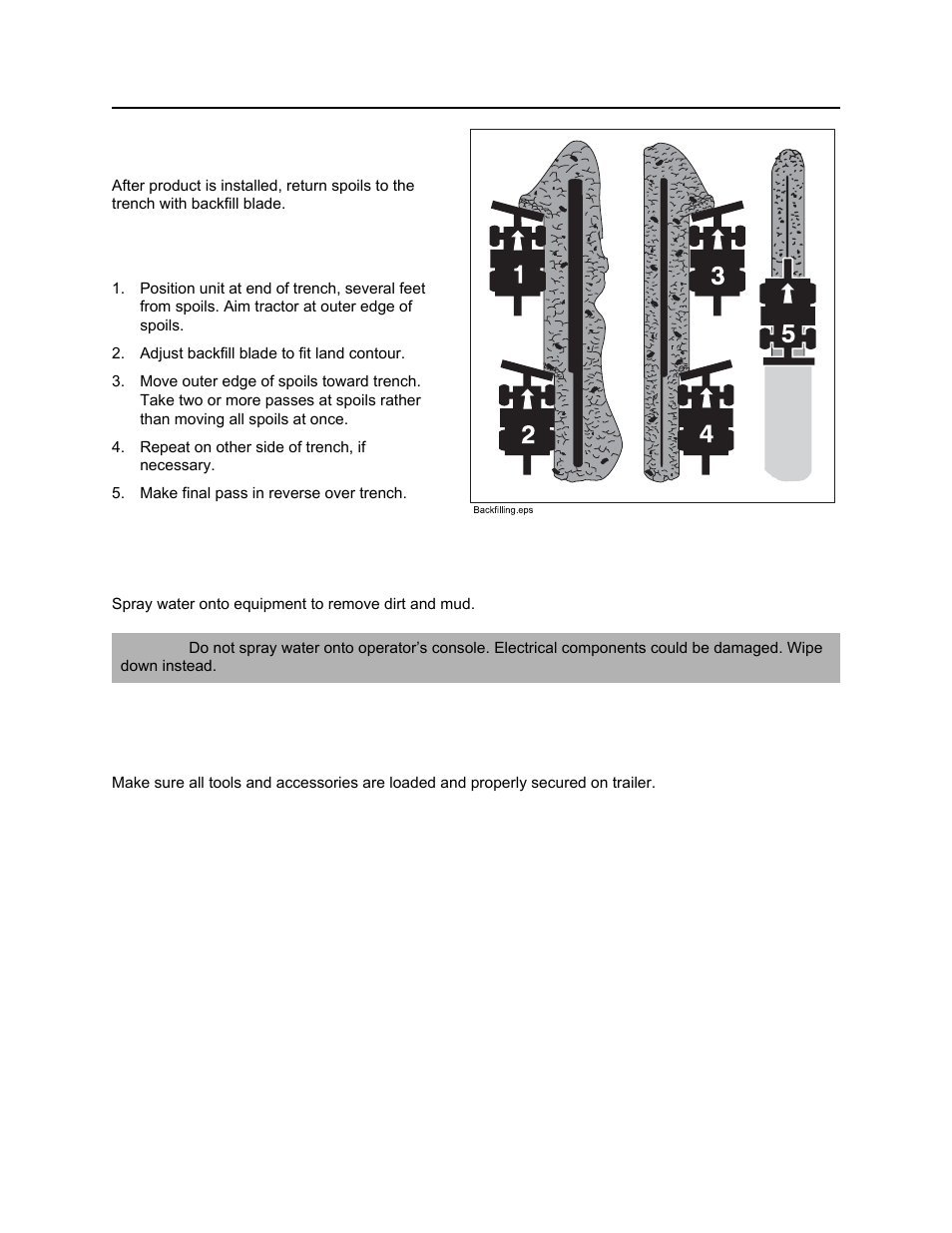 Restore jobsite, Backfilling, Rinse equipment | Stow tools, Rt30 operator’s manual | Ditch Witch RT30 User Manual | Page 63 / 97