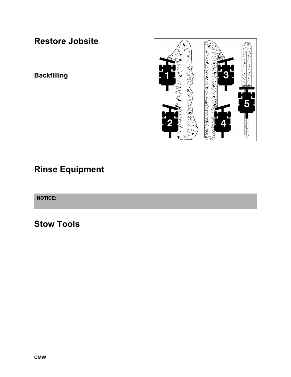 Restore jobsite, Backfilling, Rinse equipment | Stow tools, Rt100 powershift operator’s manual | Ditch Witch RT100 User Manual | Page 103 / 161