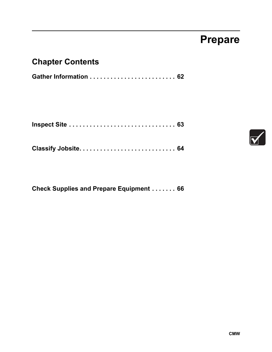 Prepare, Chapter contents, Rt100 powershift operator’s manual | Gather information, Inspect site, Classify jobsite, Check supplies and prepare equipment | Ditch Witch RT100 User Manual | Page 62 / 161