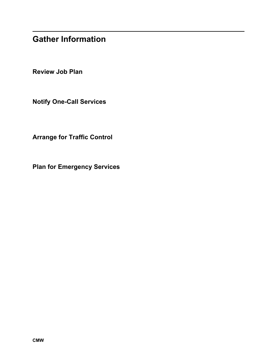 Gather information, Review job plan, Notify one-call services | Arrange for traffic control, Plan for emergency services | Ditch Witch RT100 User Manual | Page 63 / 161
