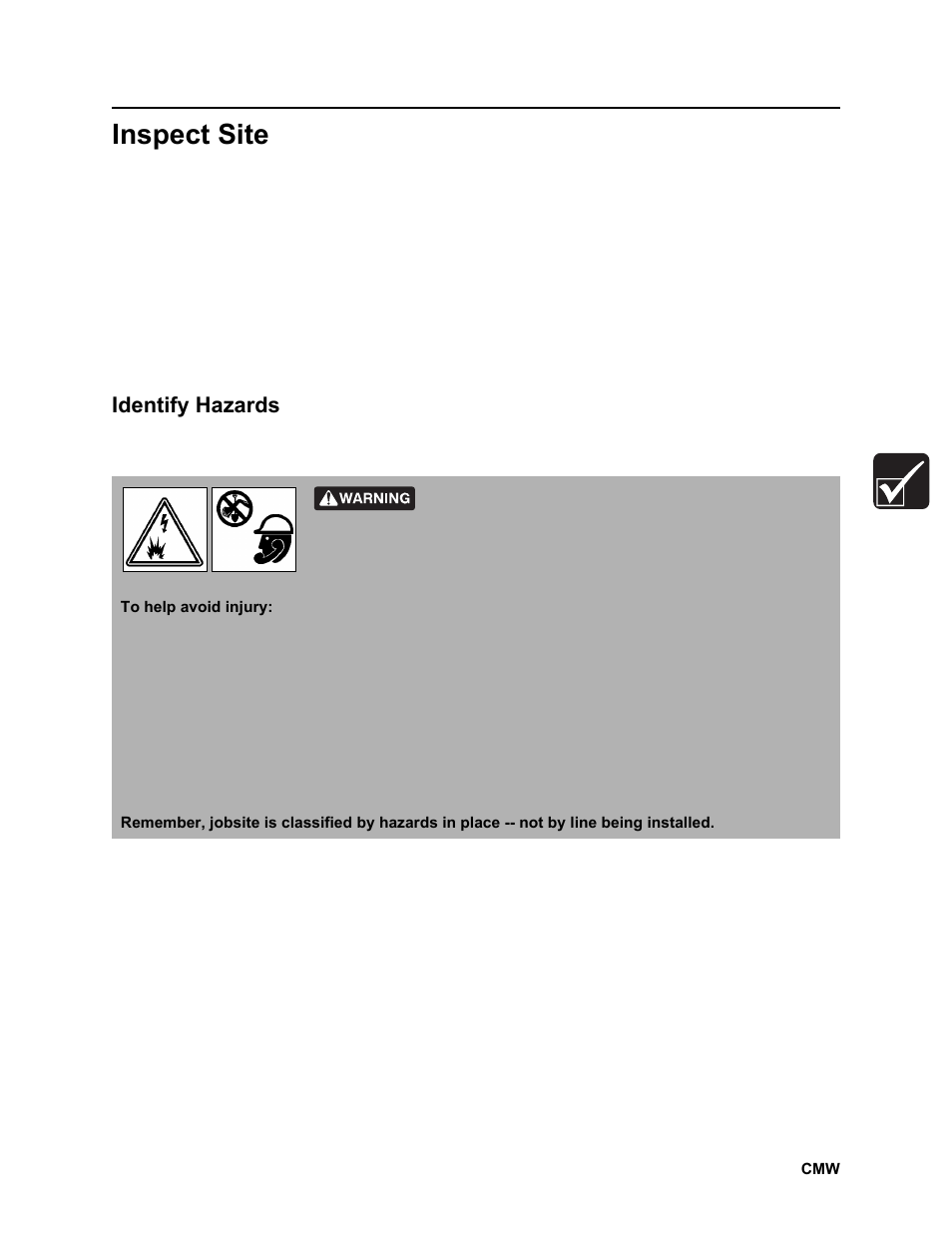 Inspect site, Identify hazards, Rt100 powershift operator’s manual | Ditch Witch RT100 User Manual | Page 64 / 161