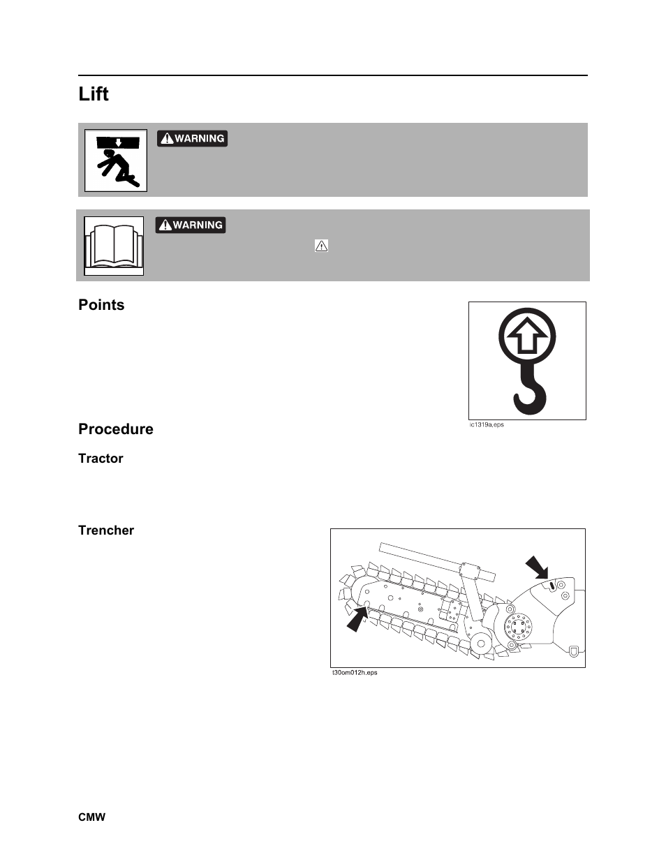 Lift, Points, Procedure | Rt100 powershift operator’s manual | Ditch Witch RT100 User Manual | Page 75 / 161