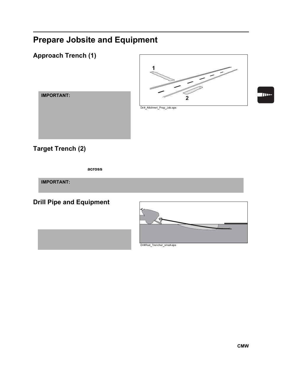 Prepare jobsite and equipment, Approach trench (1), Target trench (2) | Drill pipe and equipment, Rt100 powershift operator’s manual | Ditch Witch RT100 User Manual | Page 94 / 161