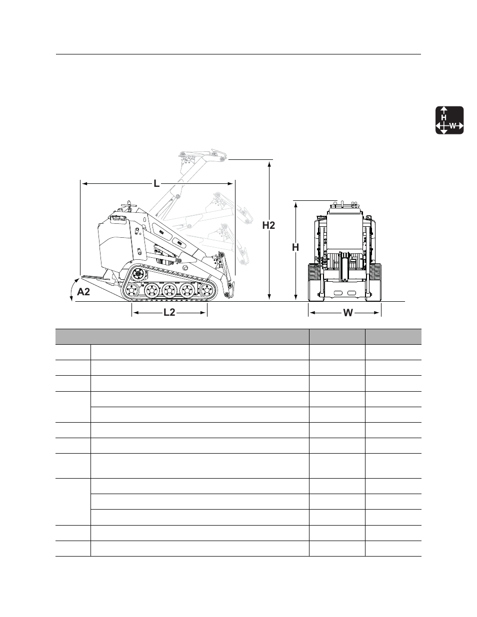 Specifications, Sk750/sk755 basic unit, Ll2 a2 h2 h w | Ditch Witch SK750/SK755 User Manual | Page 72 / 81