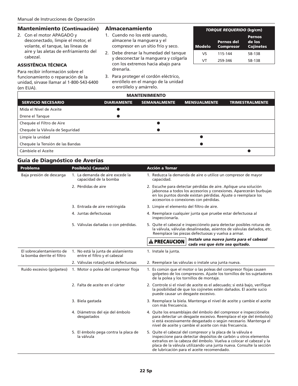 Mantenimiento, Almacenamiento, Guía de diagnóstico de averías | Campbell Hausfeld IN625501AV User Manual | Page 22 / 24