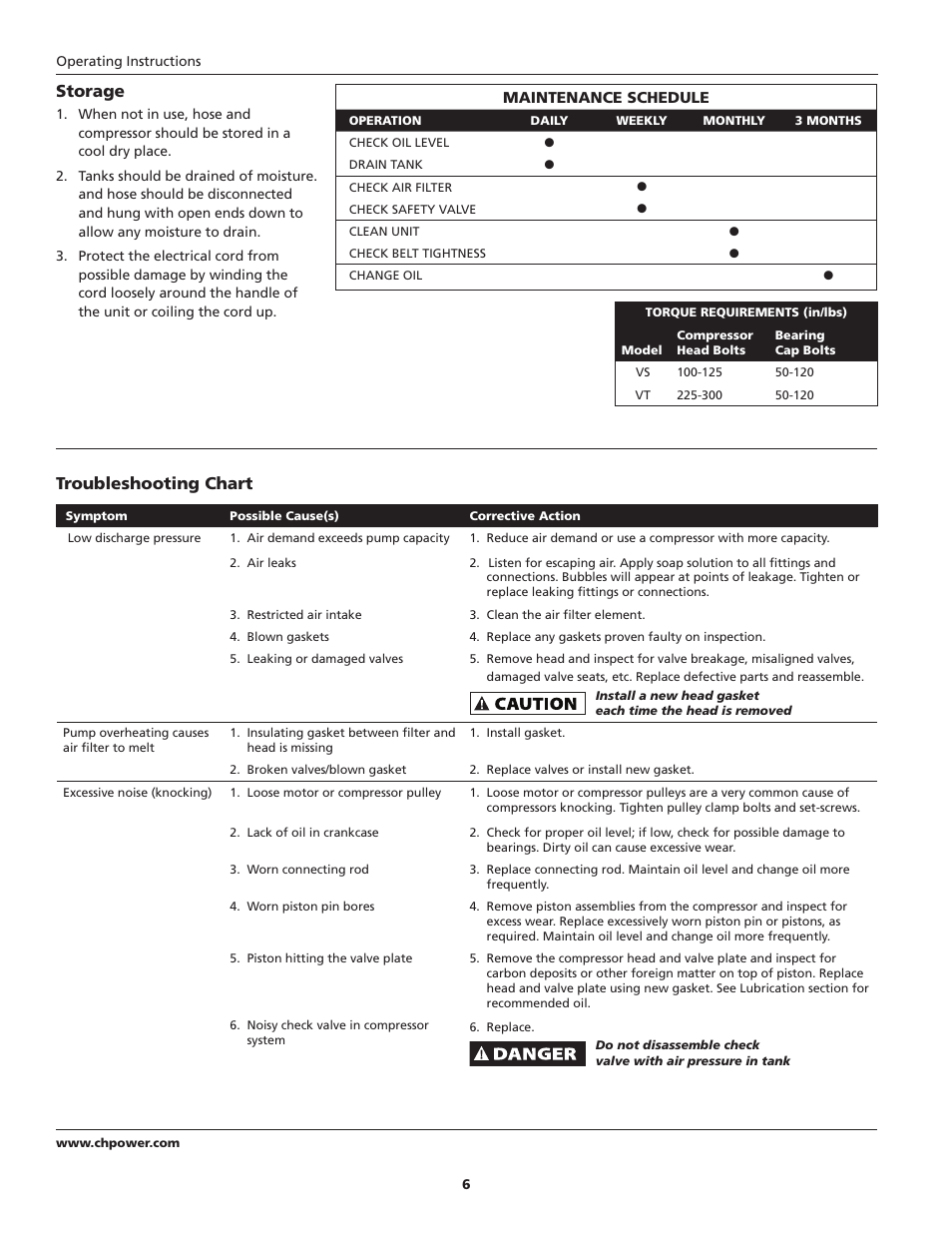 Storage, Troubleshooting chart | Campbell Hausfeld IN625501AV User Manual | Page 6 / 24