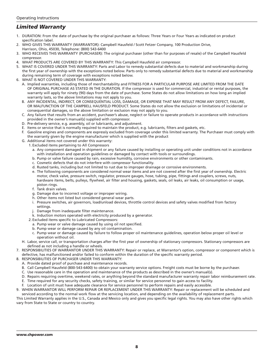Limited warranty | Campbell Hausfeld IN625501AV User Manual | Page 8 / 24