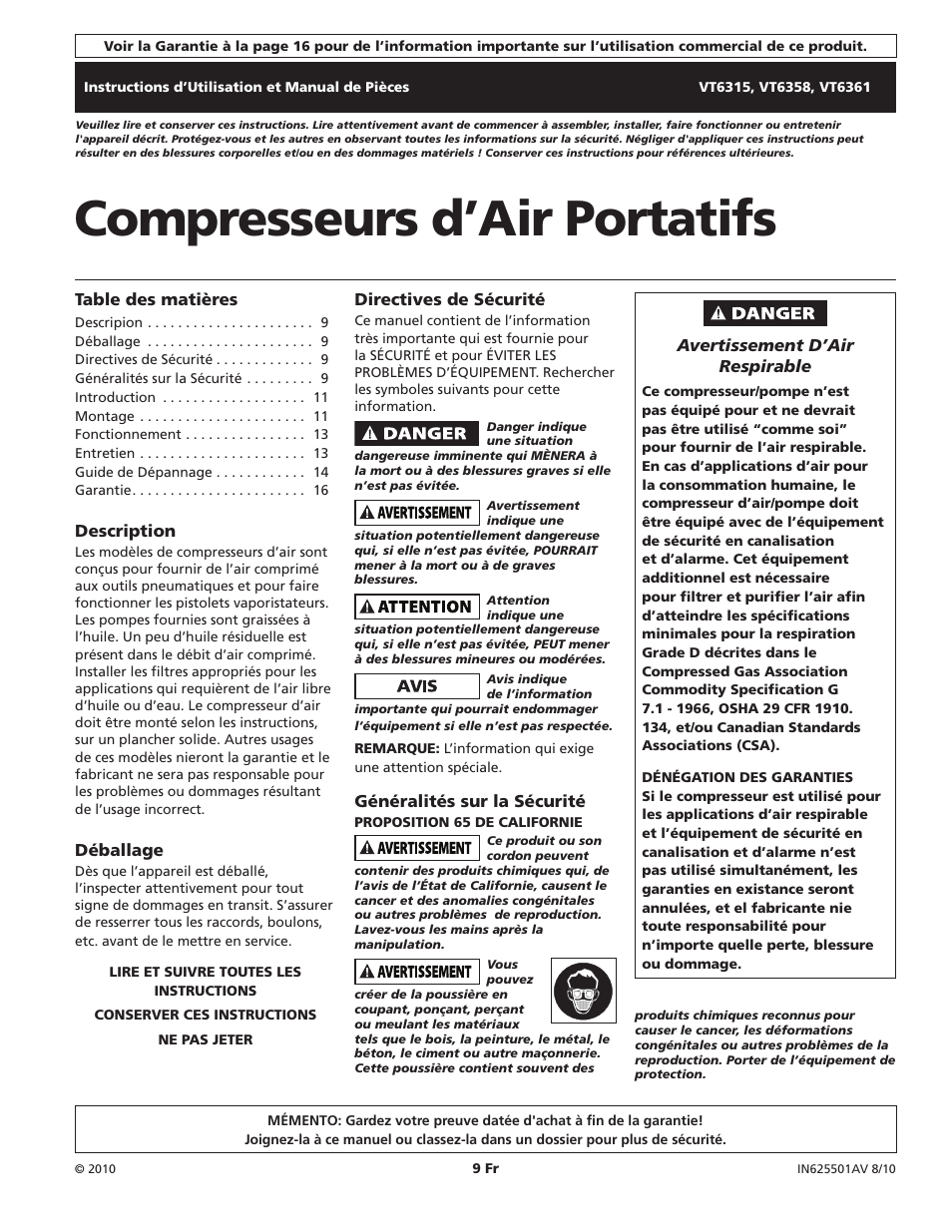 Compresseurs d’air portatifs | Campbell Hausfeld IN625501AV User Manual | Page 9 / 24
