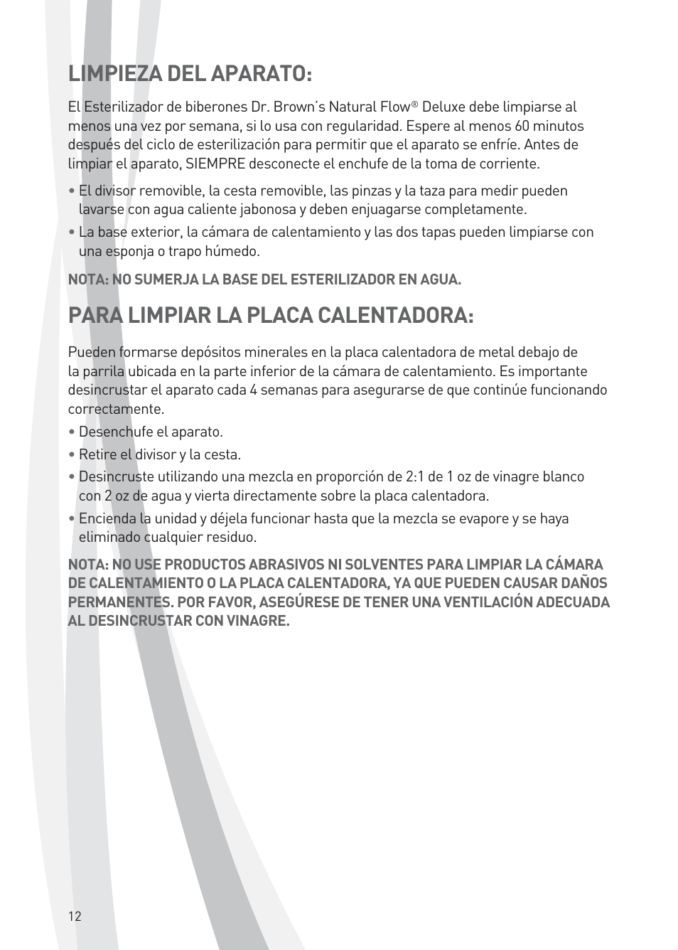 Limpieza del aparato, Para limpiar la placa calentadora | Dr. Brown's Deluxe Bottle Sterilizer User Manual | Page 12 / 20