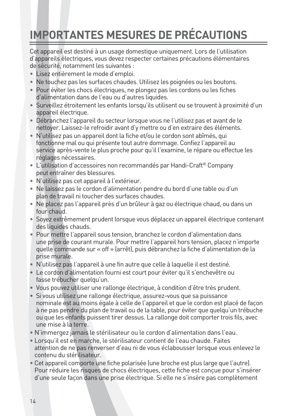 Importantes mesures de précautions | Dr. Brown's Deluxe Bottle Sterilizer User Manual | Page 14 / 20