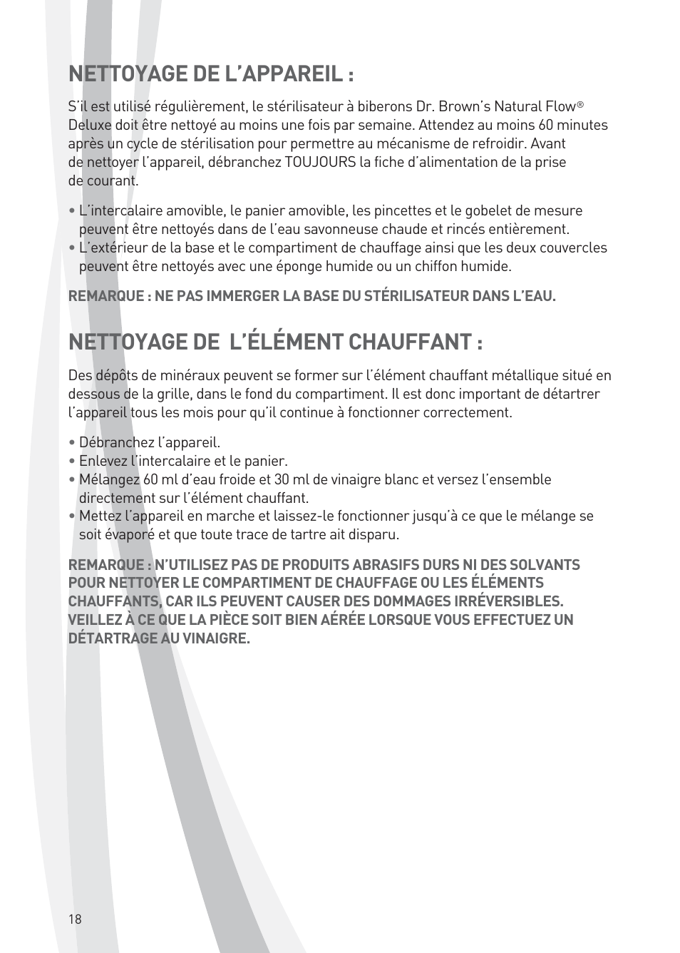 Nettoyage de l’appareil, Nettoyage de l’élément chauffant | Dr. Brown's Deluxe Bottle Sterilizer User Manual | Page 18 / 20