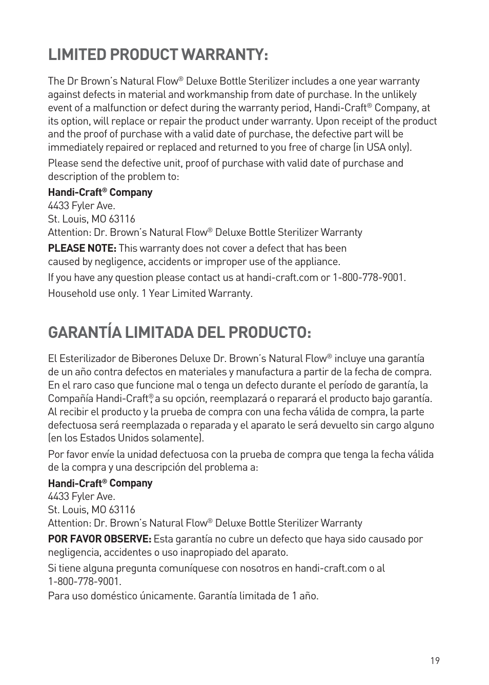 Limited product warranty, Garantía limitada del producto | Dr. Brown's Deluxe Bottle Sterilizer User Manual | Page 19 / 20