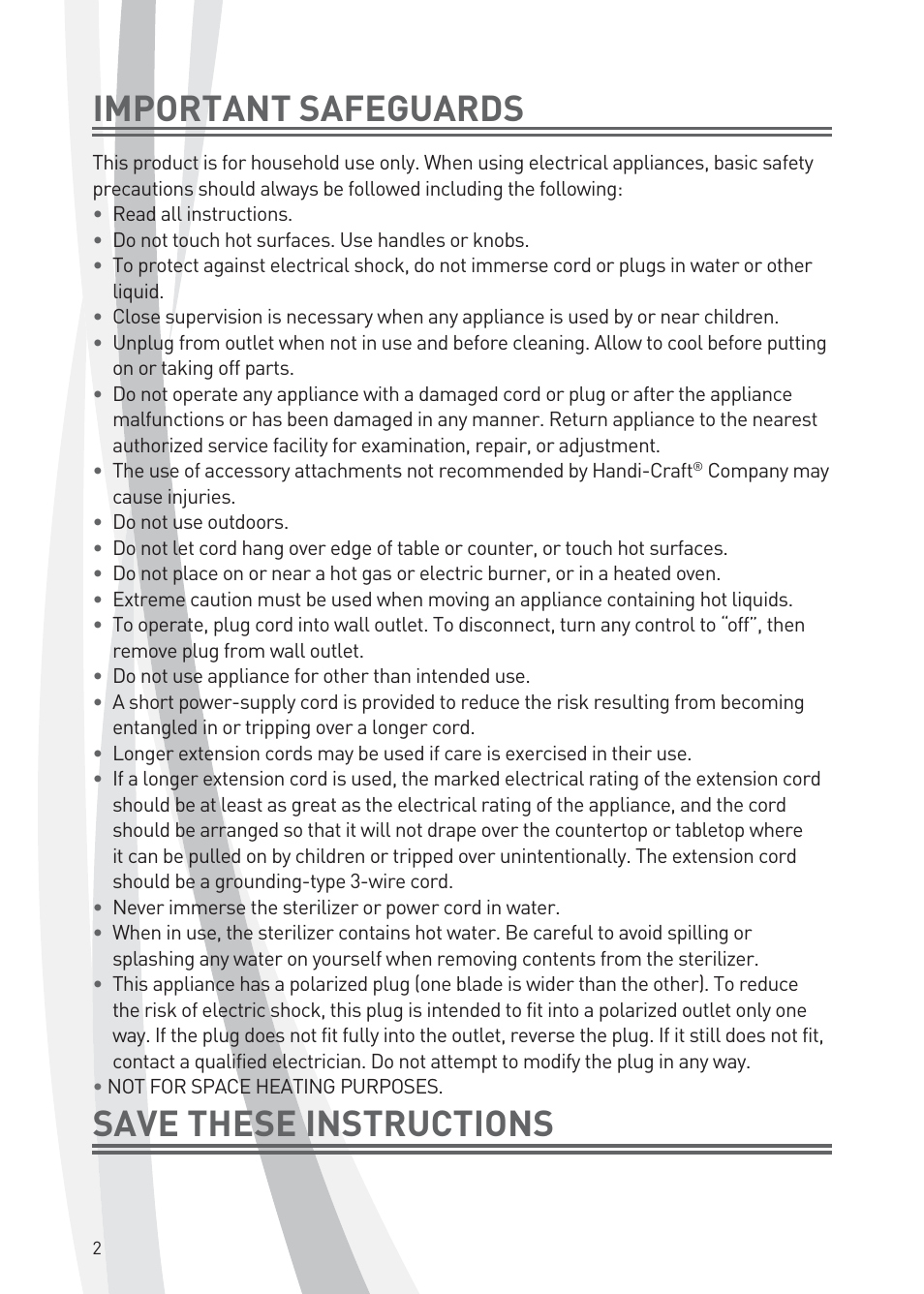 Important safeguards, Save these instructions | Dr. Brown's Deluxe Bottle Sterilizer User Manual | Page 2 / 20