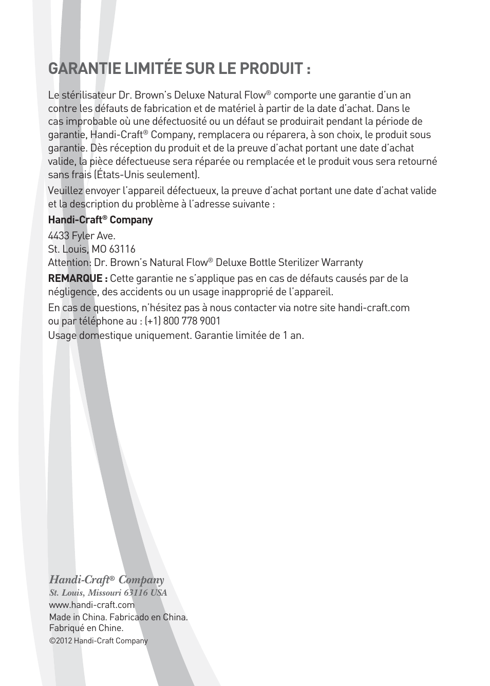 Garantie limitée sur le produit, Handi-craft, Company | Dr. Brown's Deluxe Bottle Sterilizer User Manual | Page 20 / 20