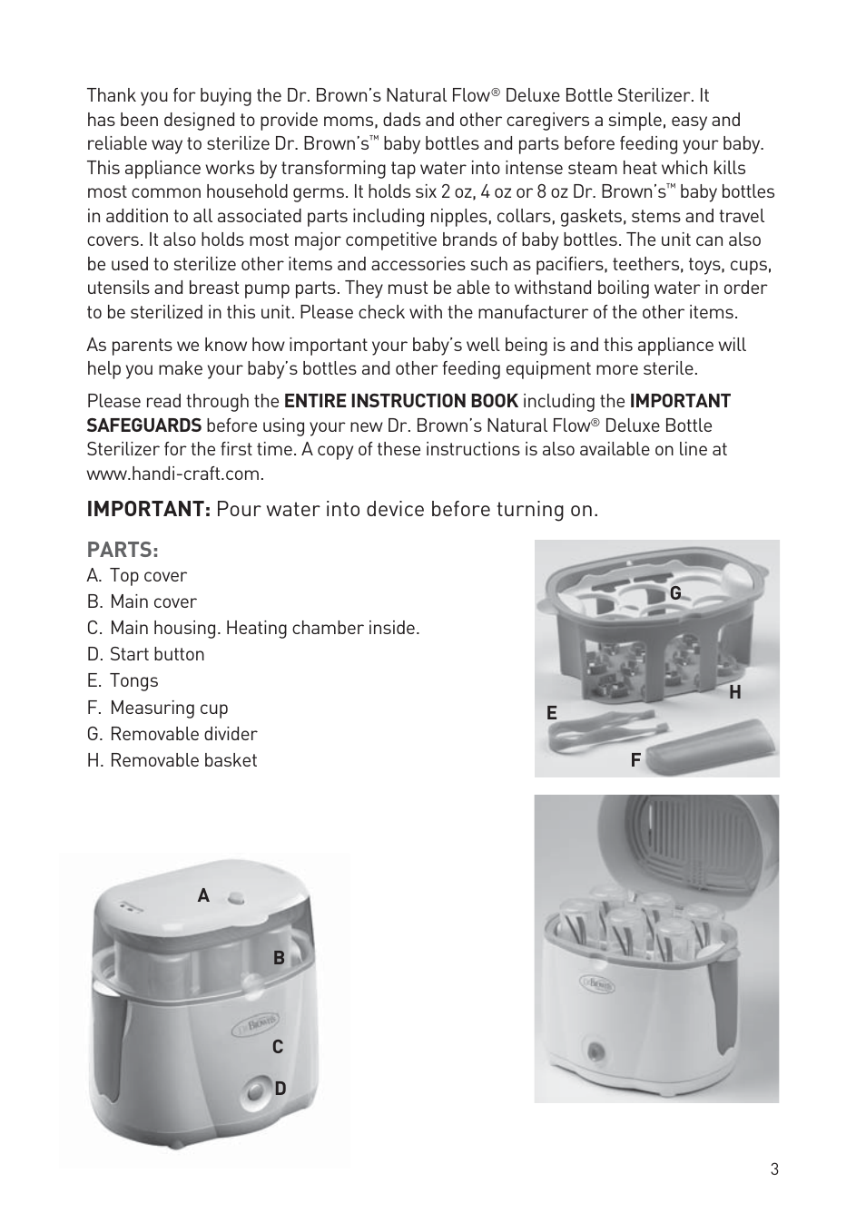 Dr. Brown's Deluxe Bottle Sterilizer User Manual | Page 3 / 20