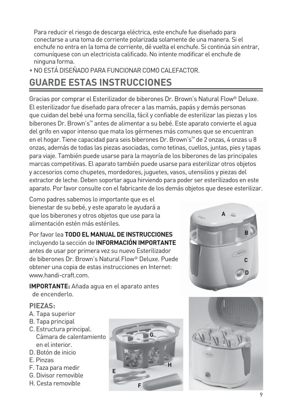 Guarde estas instrucciones | Dr. Brown's Deluxe Bottle Sterilizer User Manual | Page 9 / 20