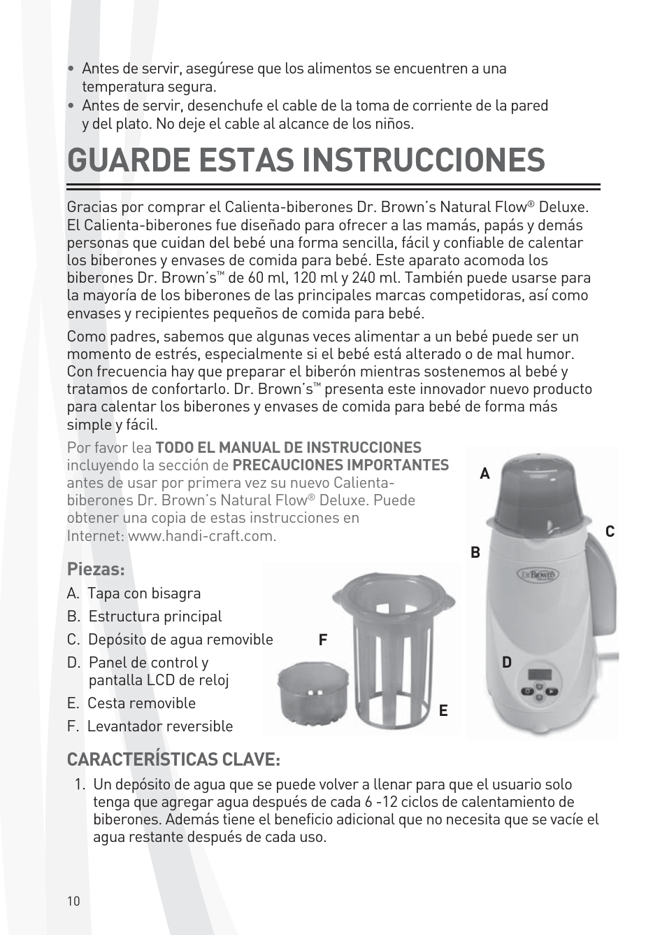 Guarde estas instrucciones, Piezas, Características clave | Dr. Brown's Deluxe Bottle Warmer User Manual | Page 10 / 24