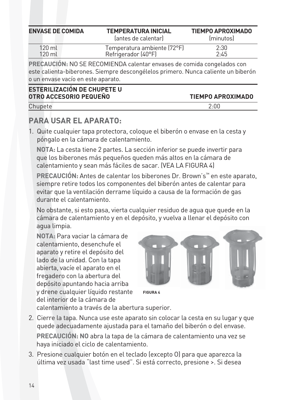 Para usar el aparato | Dr. Brown's Deluxe Bottle Warmer User Manual | Page 14 / 24