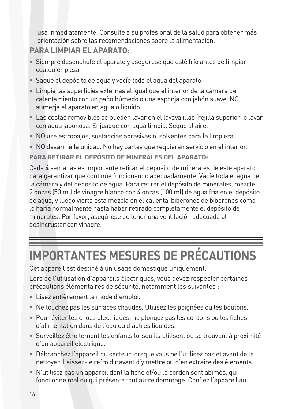 Importantes mesures de précautions, Para limpiar el aparato | Dr. Brown's Deluxe Bottle Warmer User Manual | Page 16 / 24