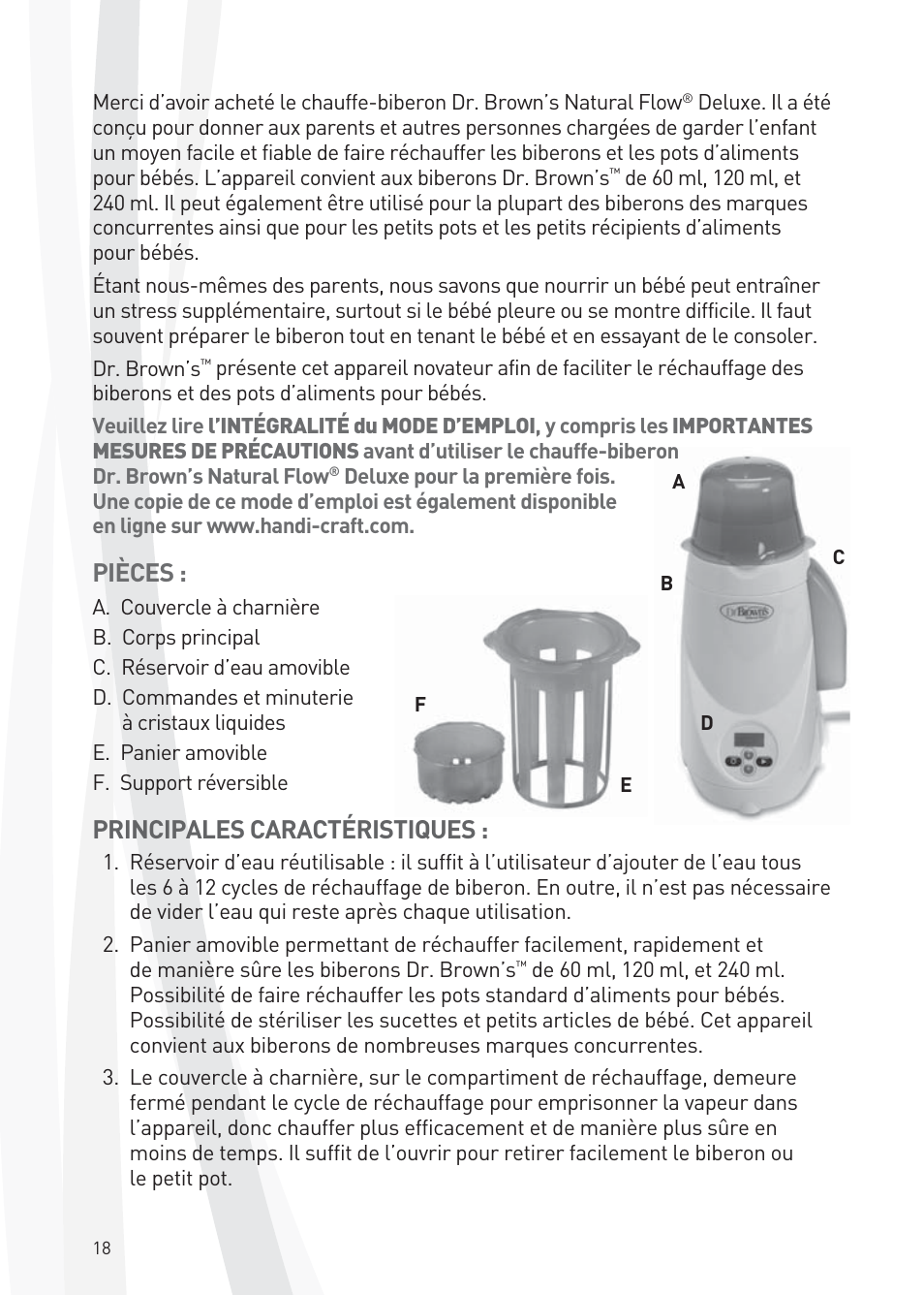 Pièces, Principales caractéristiques | Dr. Brown's Deluxe Bottle Warmer User Manual | Page 18 / 24