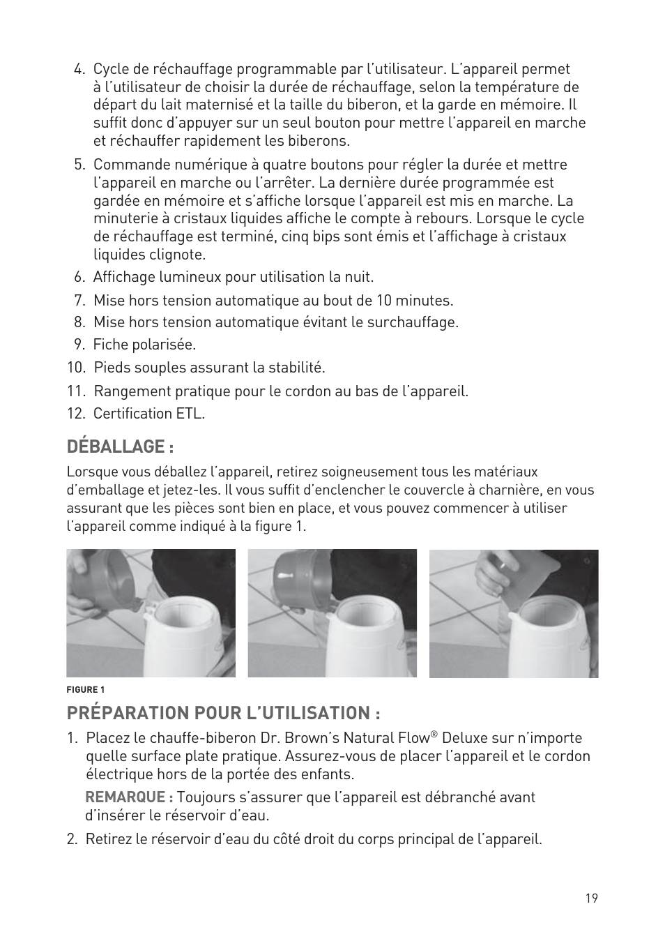 Déballage, Préparation pour l’utilisation | Dr. Brown's Deluxe Bottle Warmer User Manual | Page 19 / 24