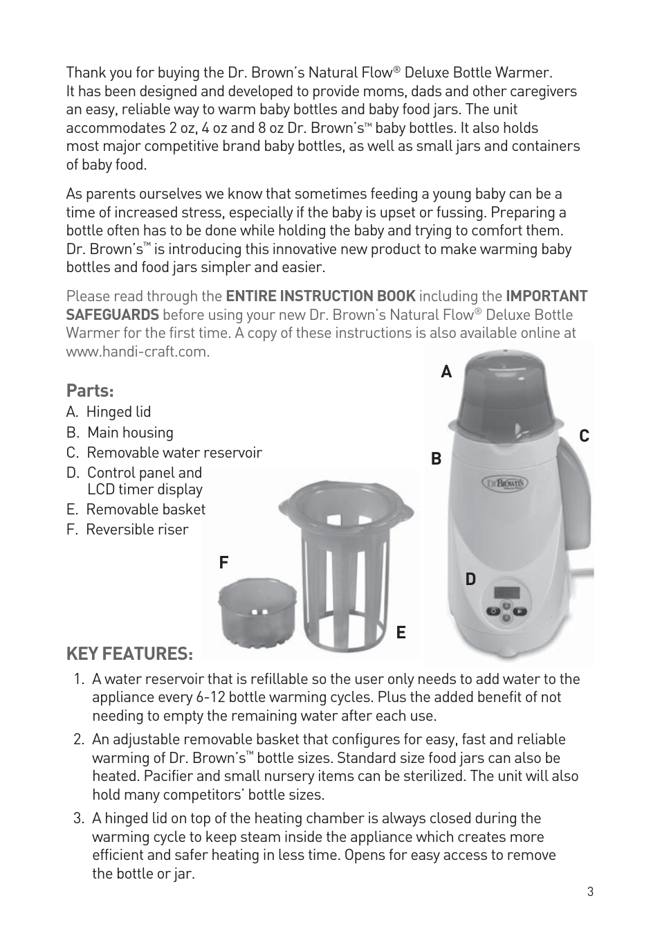 Parts, Key features | Dr. Brown's Deluxe Bottle Warmer User Manual | Page 3 / 24