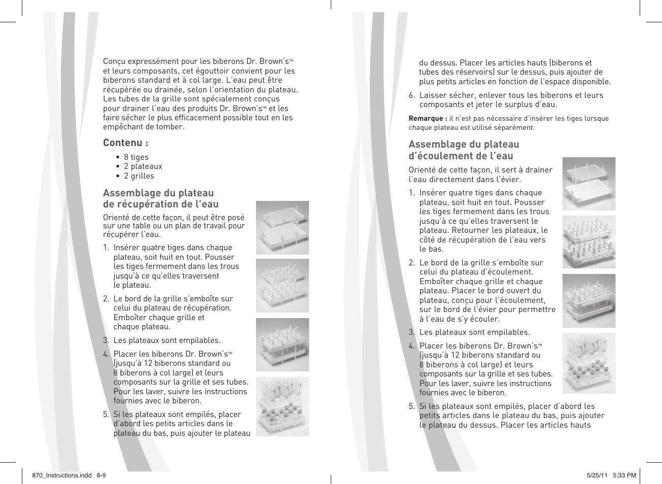 Contenu, Assemblage du plateau de récupération de l’eau, Assemblage du plateau d’écoulement de l’eau | Dr. Brown's Drying Rack User Manual | Page 5 / 6