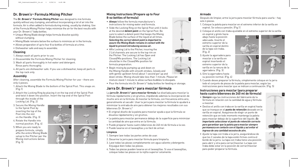 Dr. brown’s, Formula mixing pitcher, Jarra dr. brown’s | Para mezclar fórmula, Cleaning, Assembly, Armado | Dr. Brown's Formula Pitcher User Manual | Page 2 / 2