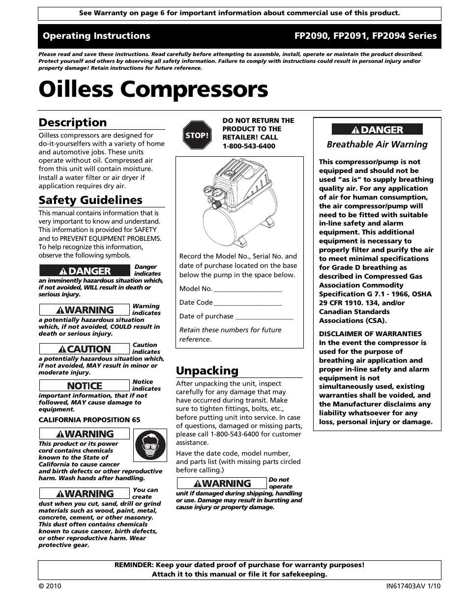 Campbell Hausfeld FP2091 User Manual | 20 pages