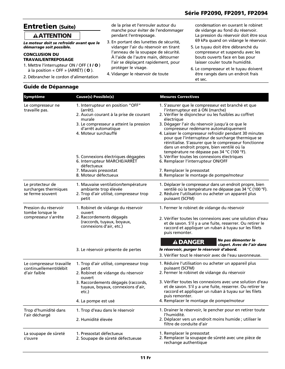 Entretien | Campbell Hausfeld FP2091 User Manual | Page 11 / 20