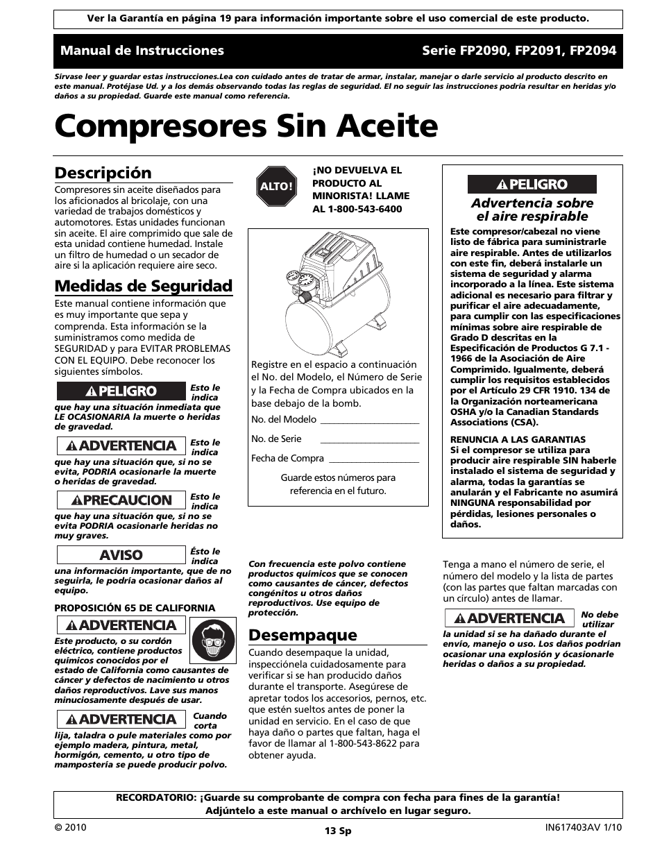 Compresores sin aceite, Desempaque, Descripción | Medidas de seguridad | Campbell Hausfeld FP2091 User Manual | Page 13 / 20