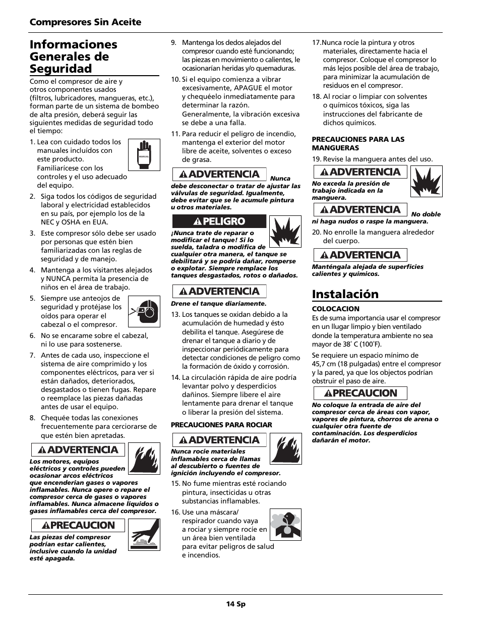 Informaciones generales de seguridad, Instalación, Compresores sin aceite | Campbell Hausfeld FP2091 User Manual | Page 14 / 20