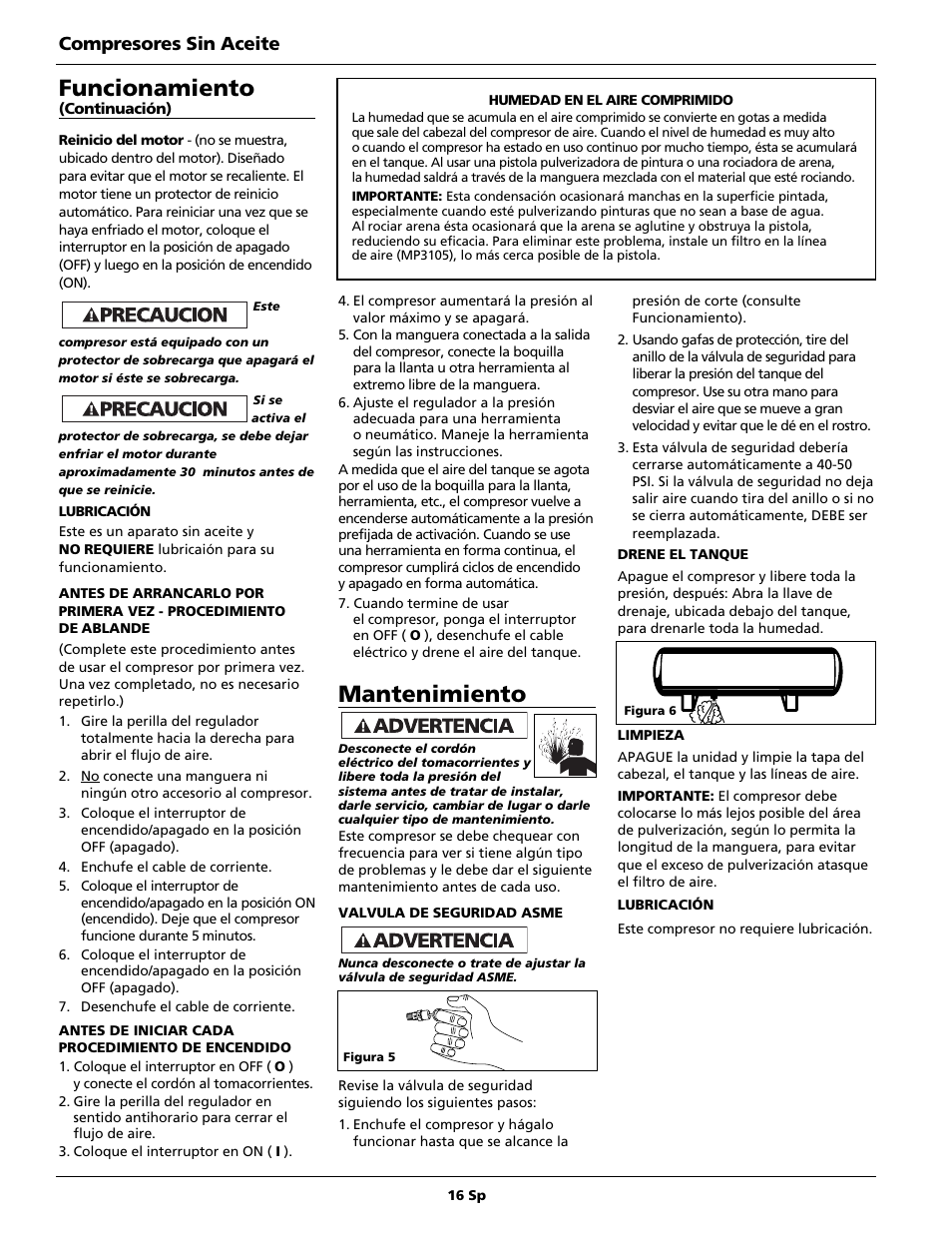 Funcionamiento, Mantenimiento, Compresores sin aceite | Campbell Hausfeld FP2091 User Manual | Page 16 / 20