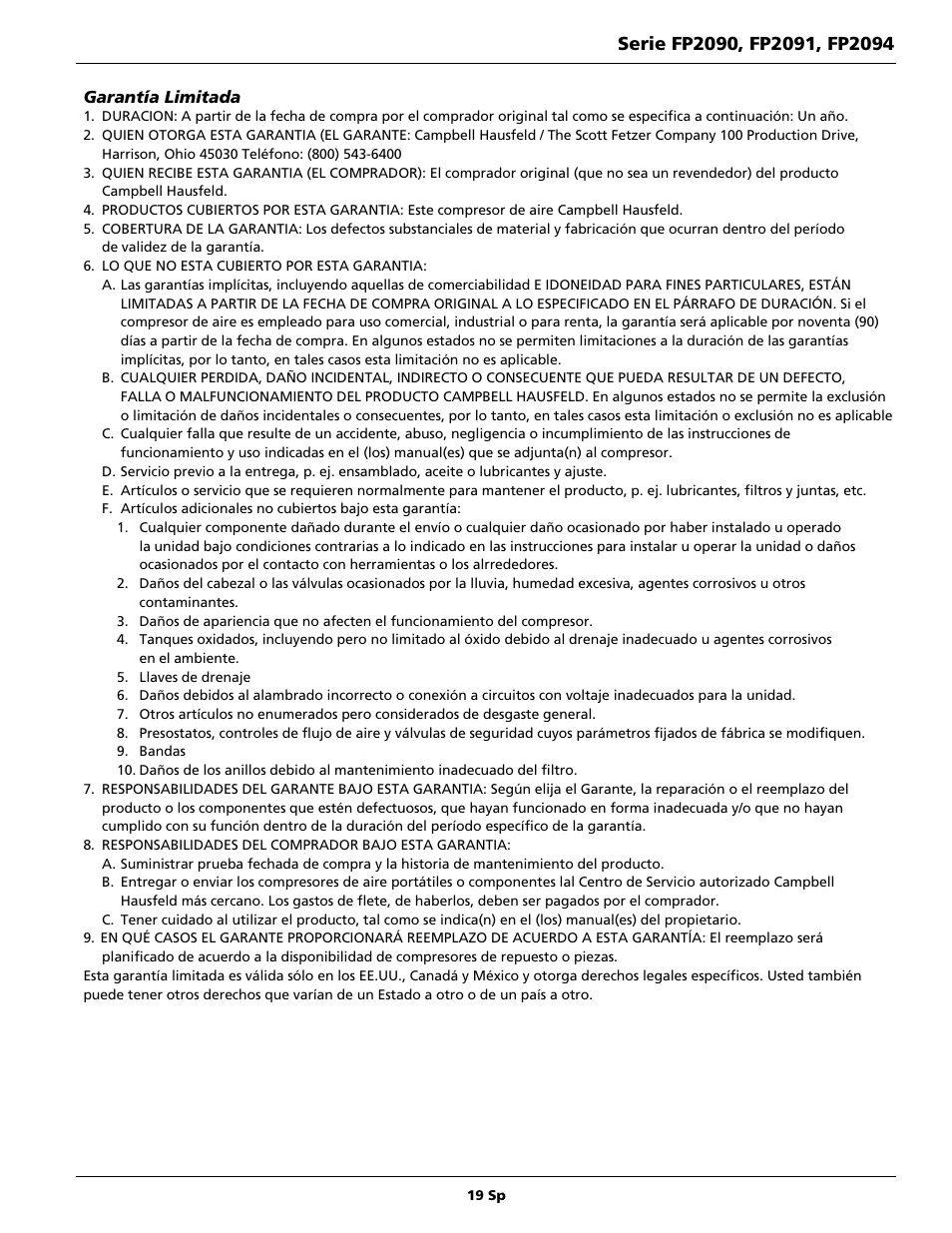 Campbell Hausfeld FP2091 User Manual | Page 19 / 20