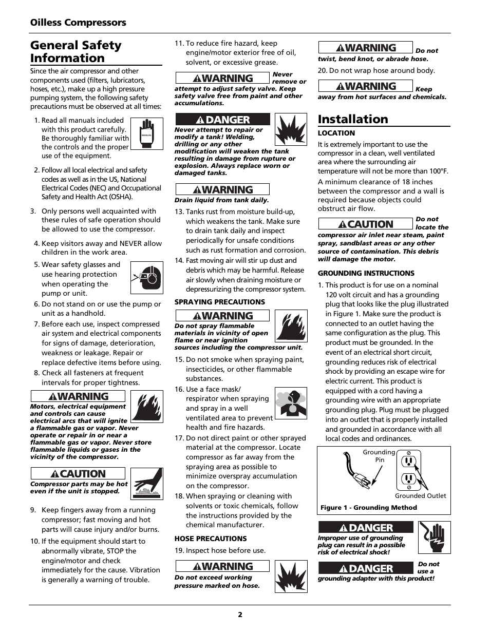 General safety information, Installation, Oilless compressors | Campbell Hausfeld FP2091 User Manual | Page 2 / 20