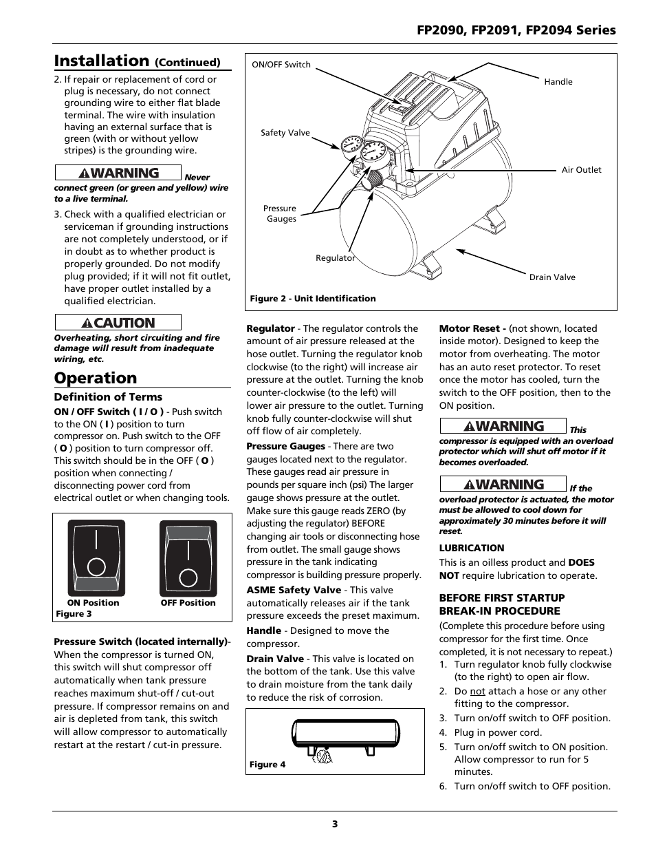 Operation, Installation | Campbell Hausfeld FP2091 User Manual | Page 3 / 20