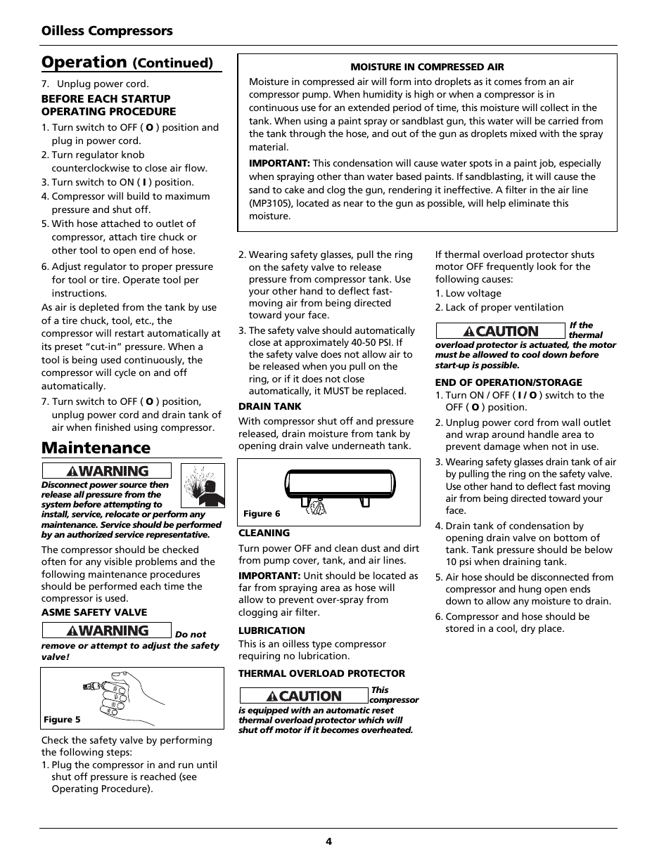 Operation, Maintenance, Continued) | Oilless compressors | Campbell Hausfeld FP2091 User Manual | Page 4 / 20