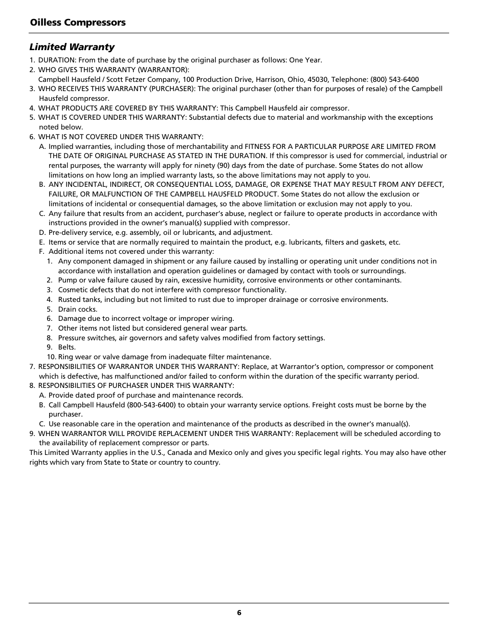 Oilless compressors limited warranty | Campbell Hausfeld FP2091 User Manual | Page 6 / 20