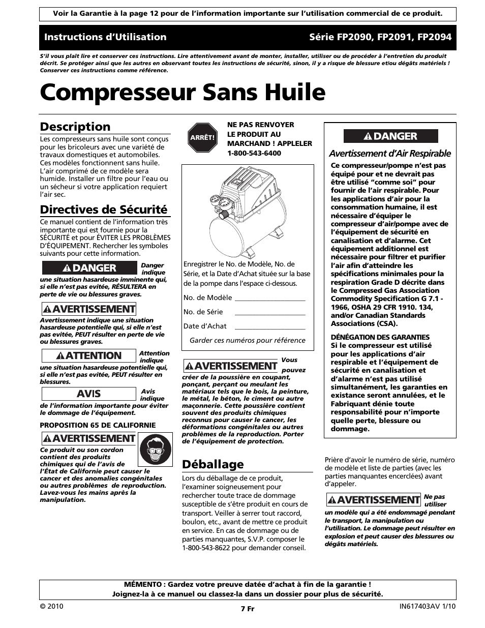 Compresseur sans huile, Déballage, Description | Directives de sécurité | Campbell Hausfeld FP2091 User Manual | Page 7 / 20