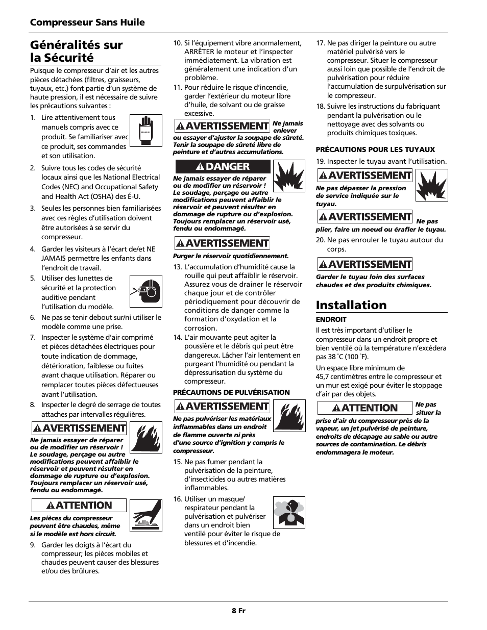 Généralités sur la sécurité, Installation, Compresseur sans huile | Campbell Hausfeld FP2091 User Manual | Page 8 / 20