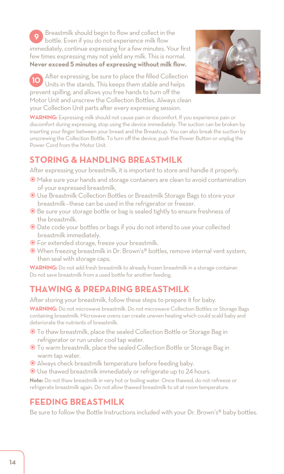 Storing & handling breastmilk, Thawing & preparing breastmilk, Feeding breastmilk | Dr. Brown's Double Electric Breast Pump User Manual | Page 14 / 48