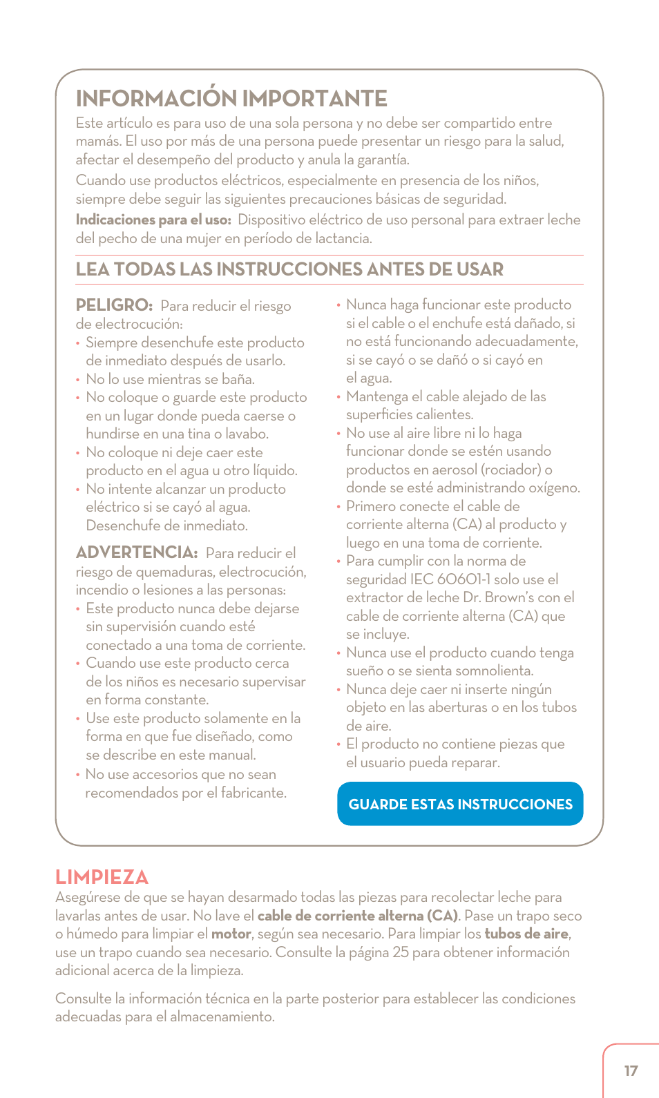 Información importante, Limpieza, Lea todas las instrucciones antes de usar | Dr. Brown's Double Electric Breast Pump User Manual | Page 17 / 48
