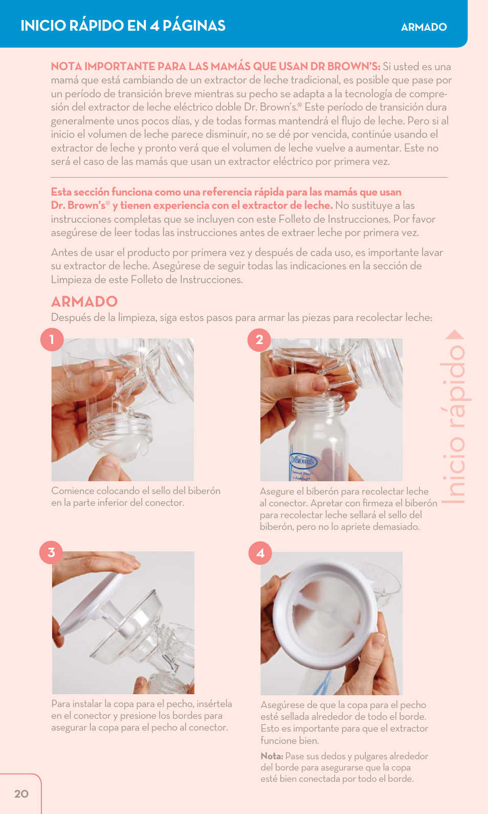 Inicio rápido | Dr. Brown's Double Electric Breast Pump User Manual | Page 20 / 48