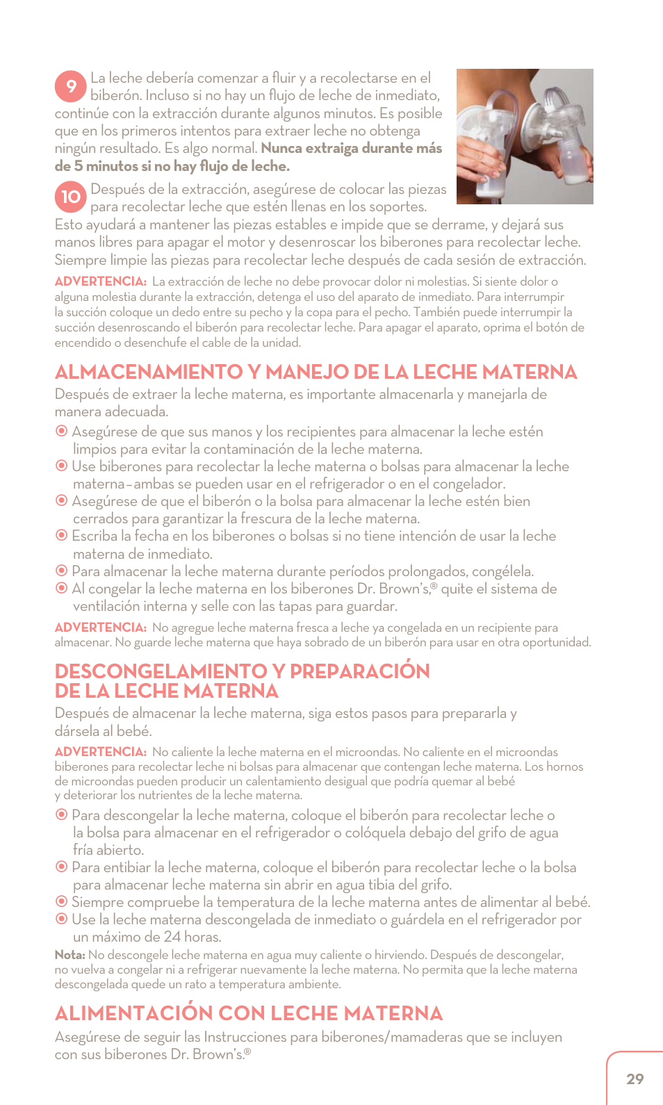 Almacenamiento y manejo de la leche materna, Descongelamiento y preparación de la leche materna, Alimentación con leche materna | Dr. Brown's Double Electric Breast Pump User Manual | Page 29 / 48